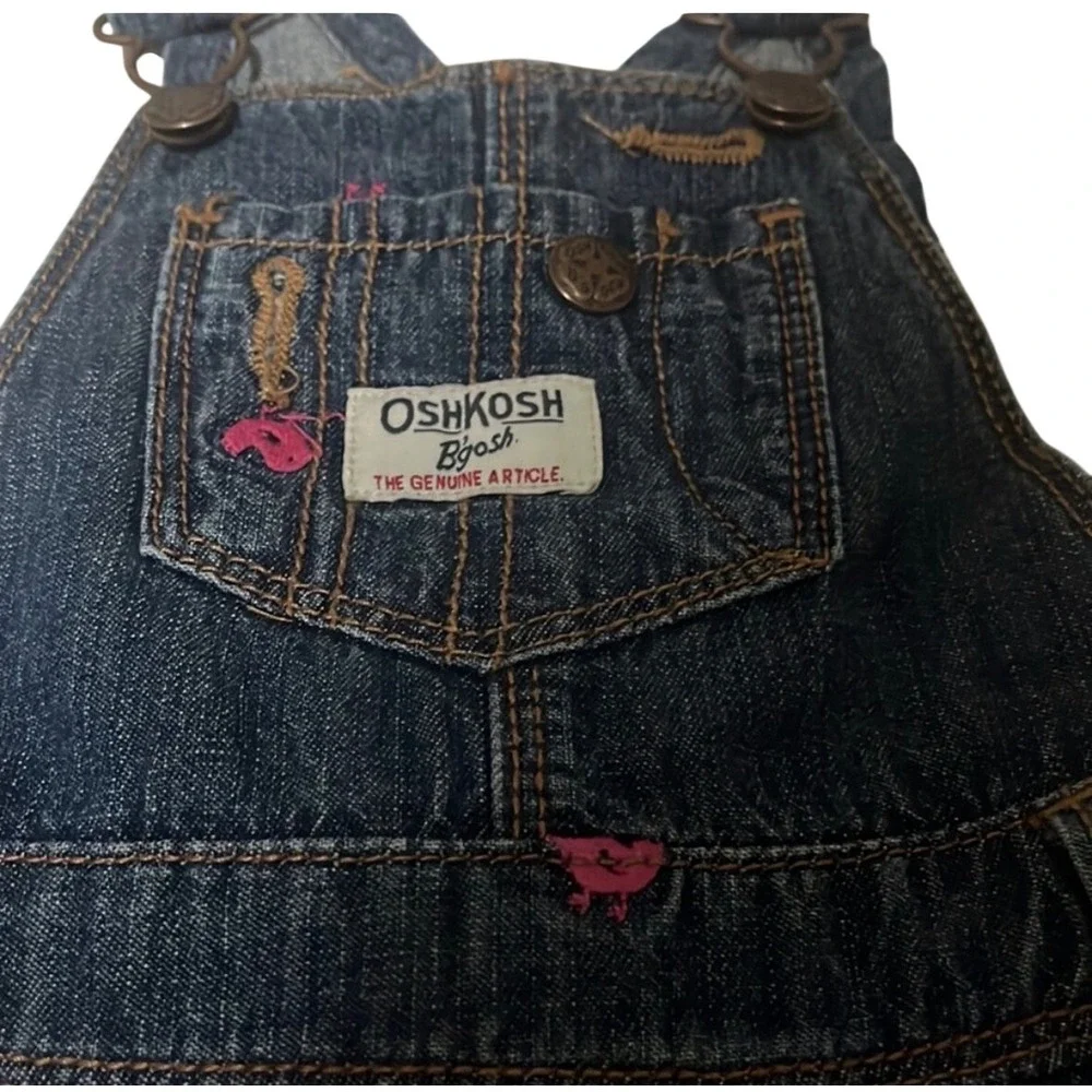 OshKosh 18M Denim Overalls Pink Bird Print‎ Toddler Girls Cute EUC